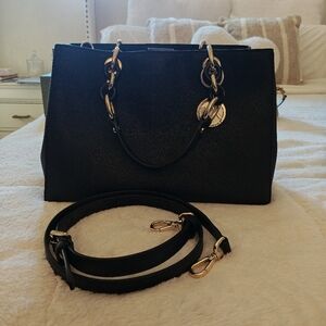 Black Leather Handbag with Gold Accents